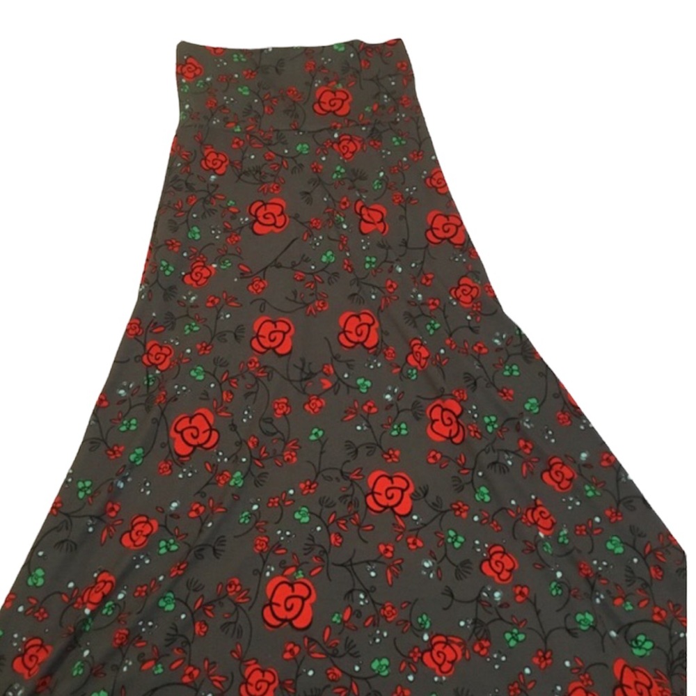 LuLaRoe Maxi Skirt Cute Gray & Red Floral Print 🩶🌹🍃